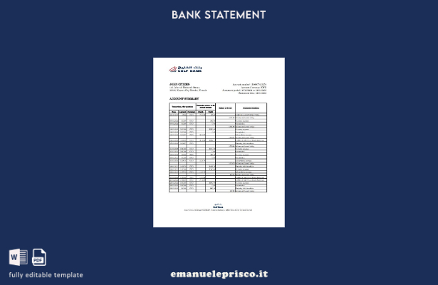 modello Excel di estratto conto bancario del Golfo del Kuwait in stile verificat